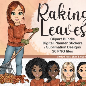 Linda chica de moda de otoño rastrillando hojas clipart, mujer de hoja de otoño PNG, pegatina de planificador digital de dama de jardinería, imágenes prediseñadas de sublimación de Chibi de otoño