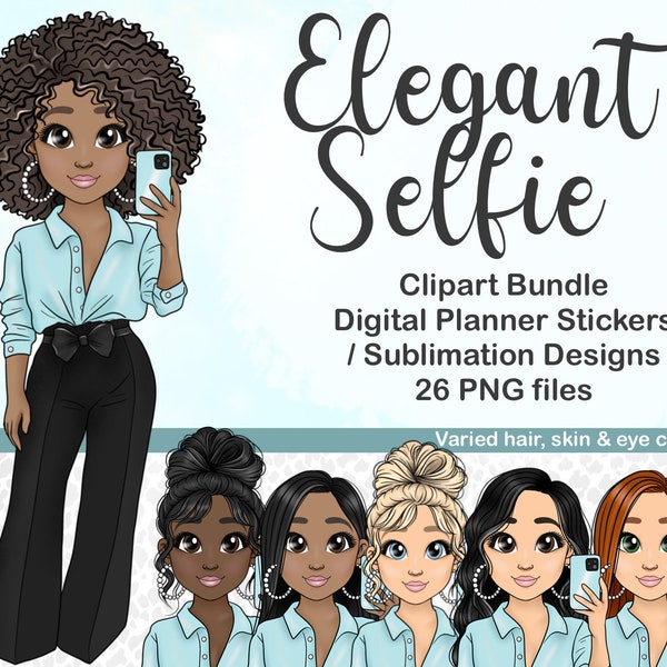Elegant Girl in Blouse Taking Selfie PNG, Fashion Girl Clipart, Afro Black Girl Clipart, Sublimation Files, Kawaii Chibi, Printable Stickers