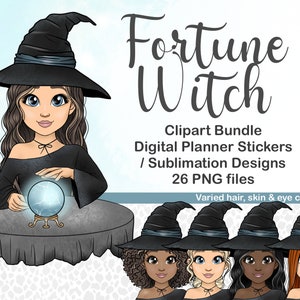 Sorcière diseuse de bonne aventure mignonne avec clipart de boule de cristal, Kawaii Witchy Girl Chibi, poupée planificateur numérique, fichiers de sublimation Cricut Tumbler SVG