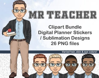 Male Teacher Clipart Doll, Kawaii Classroom Man PNG, School Teacher Sublimation Files, Cricut Sticker for Study, Jobs Clipart, Dad PNG
