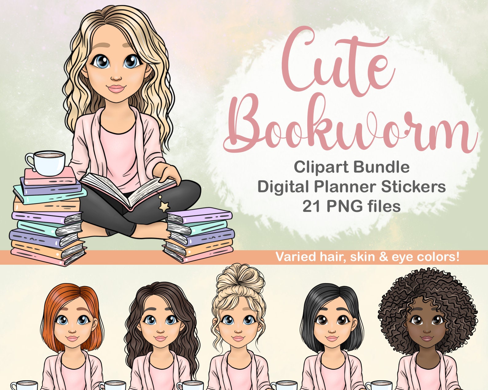 Reading Girl Clipart, Reading Journal Supplies, Girls Stickers, Shabby  Bookish Illustration, L Love Books Planner Graphics, Commercial Use 