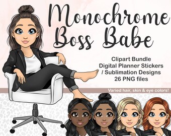 Hand drawn Girl Boss Clipart, Working Woman PNG, Boss Babe SVG, Fashion Doll Digital Planner Stickers, Afro Woman BuJo Printable Sticker