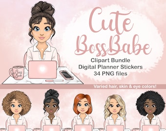 Boss Babe Clipart / Fashion Girl SVG / African American Girl png / Office Laptop Girl at Desk digital sticker / Kawaii chibi girl clipart