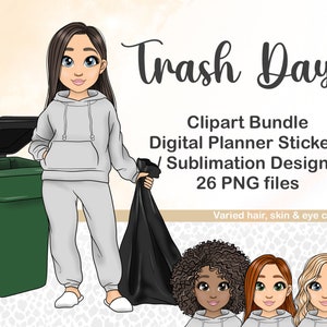 Puede incluir: Un paquete de clipart de pegatinas para planificadores digitales y diseños de sublimación que presenta a una niña de dibujos animados con una sudadera gris sosteniendo una bolsa de basura negra. El texto "Trash Day" está escrito en una fuente decorativa. El paquete incluye 26 archivos PNG con variaciones de color de cabello, piel y ojos.