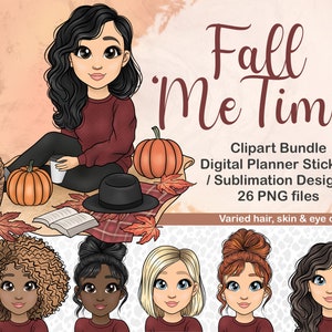秋のファッションガールのクリップアート、秋のセーターを着た女性の Goodnotes PNG、秋のヒスパニックファッション人形、カボチャと本のデジタルプランナーステッカー