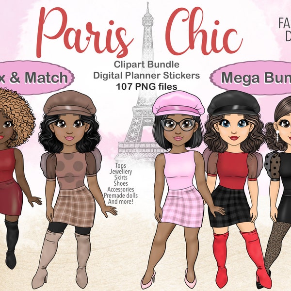 French Fashion Doll Clipart, Paris SVG, Customisable Fashion Girl, Afro Fashion Girl Clipart, Paris Style Clipart, Chibi Procreate