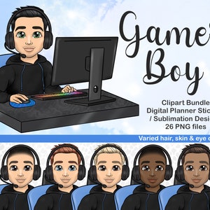 Gamer Boy with Headset and Computer Clipart, Gaming Guy Avatar, Twitch Profile Cartoon, VideoGames Man Illustration, Game Sublimation Files