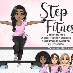 Stap Fitness Meisje Clipart, Cardio Oefening Pop PNG, Gezonde Sportschool Digitale Planner Chibi, Afdrukbare Sublimatie Sticker, Zwart Meisje Clipart