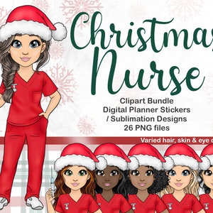 Weihnachten Krankenschwester Clipart, Xmas Arzt PNG, festliche medizinische Krankenhaus Mädchen Sublimationsdatei, Kawaii Krankenpflege Chibi Puppe druckbare Aufkleber,