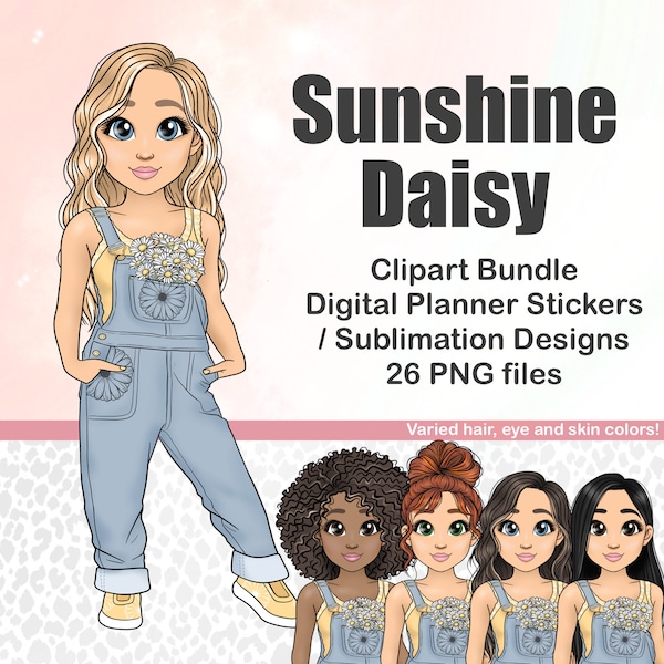 Cute Spring Clipart Fashion Girl in Denim Overalls and Daisy PNG, Kawaii Jeans Chibi Planner doll, Summer farm printable sticker sublimation