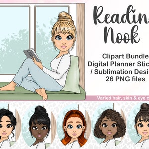 Cute Reading Nook Clipart, Kawaii Reading Bookish Girl PNG, Library Chibi Printable Sticker, Digital Planner Doll, Book Tracker Sublimation