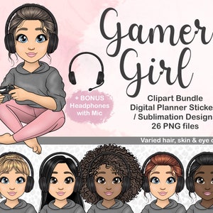 Clipart fille gamer, gaming femme PNG, jolie fille emotes Twitch, jeux vidéo Lady SVG, autocollants de planificateur numérique jeux Goodnotes, dessinés à la main