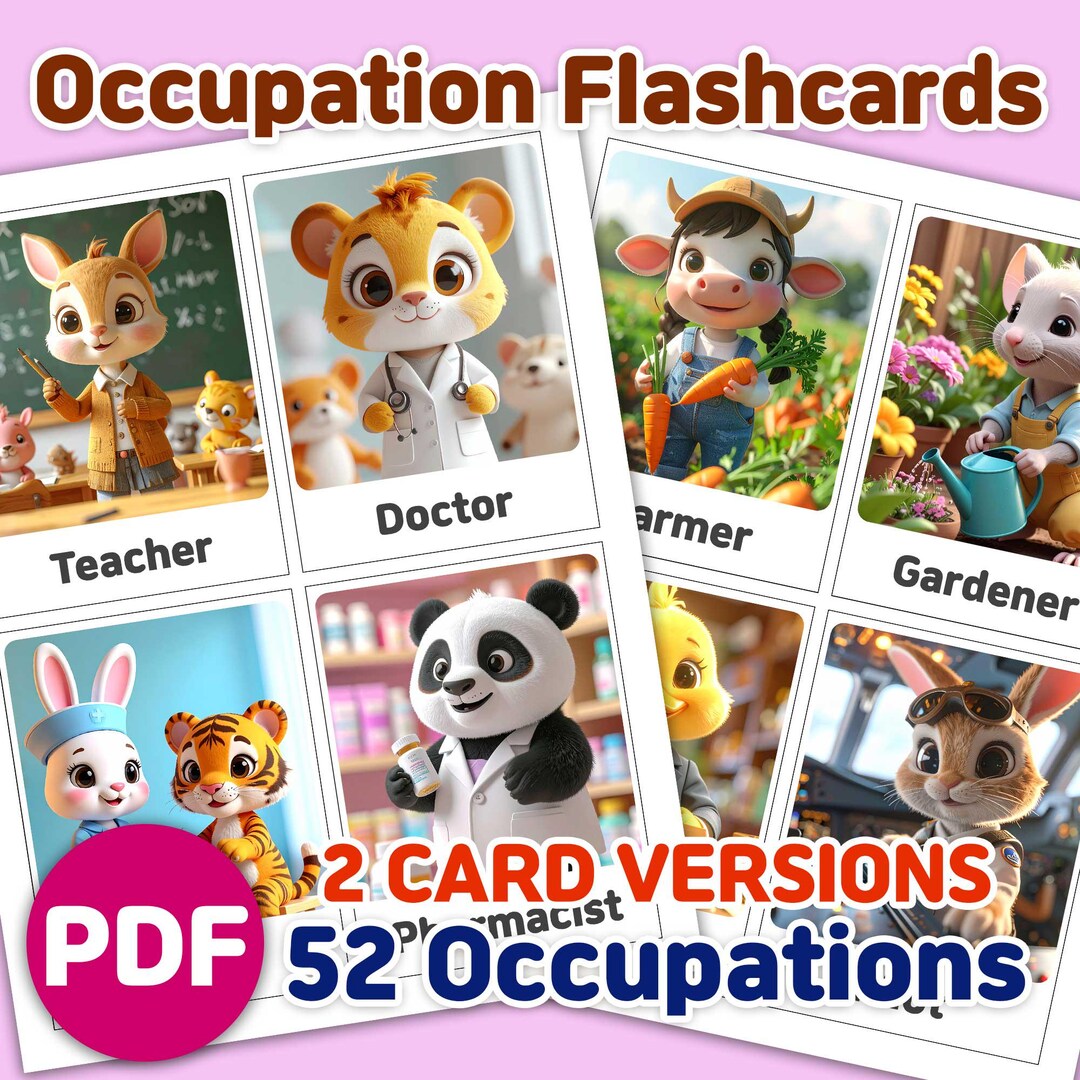 Occupation Flashcards for Kids | Friendly Animal Jobs | With Words & No ...