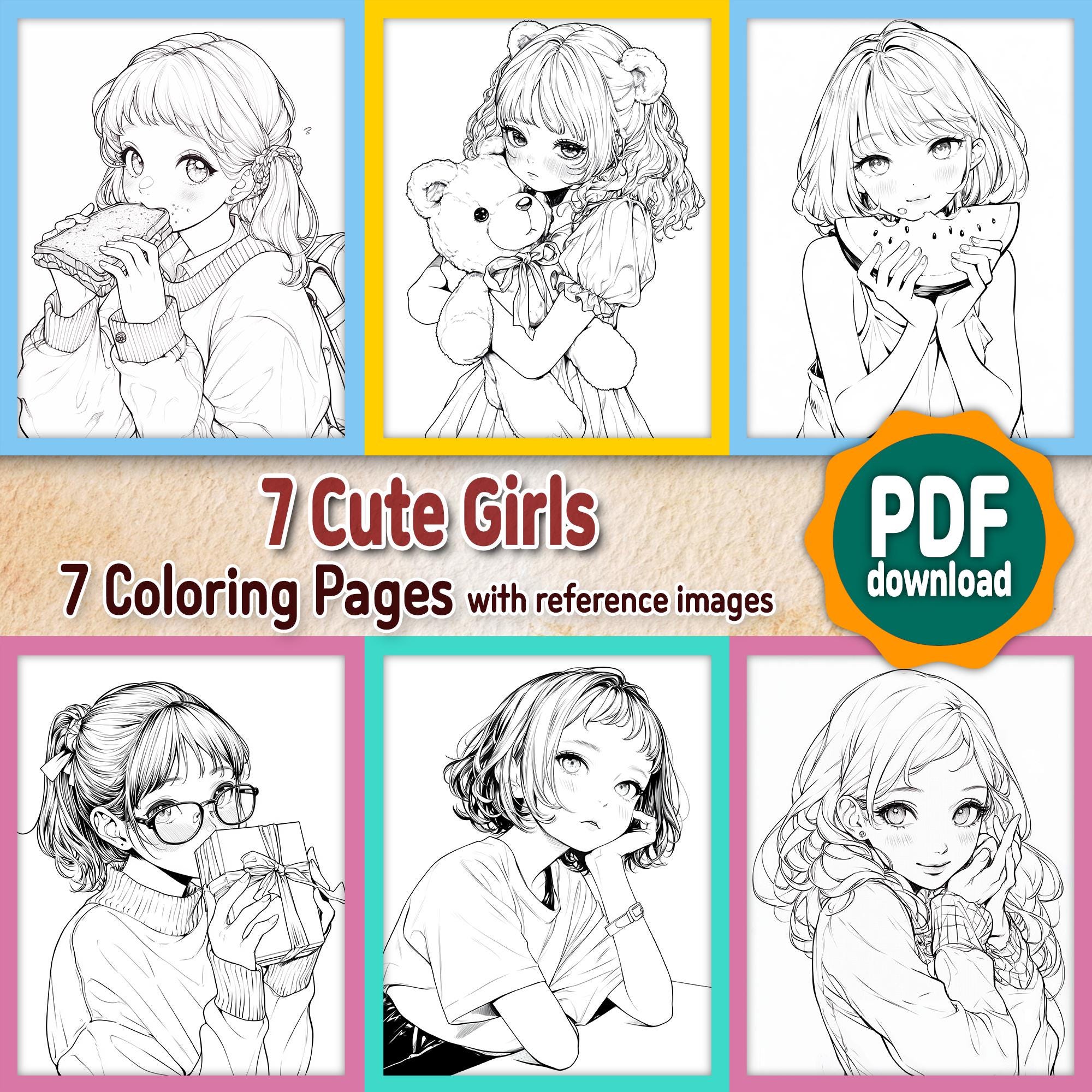 Cute Girls Coloring Pages With Colorful Sample | Printable Instant ...