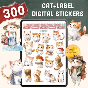 Akvarell kattklistermärken, kalenderetiketter (300) (digital nedladdning)