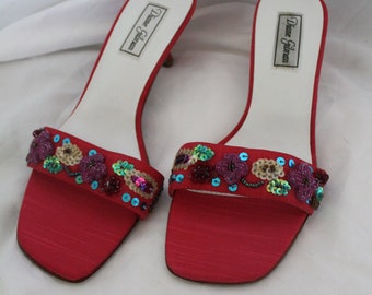 Square toe sequin flower mules