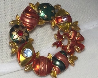 Vintage Signed Christopher Radko Enamel & Rhinestone Christmas Wreath/ Vintage Christmas Brooch/ Christopher Radko Christmas Pin/ Wreath