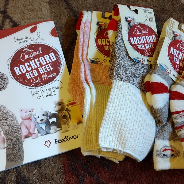 Original Rockford Red Heel Sock Monkey, Book and Socks, Sock Monkey Kit, Sock Monkey Pattern, Red Heel Socks, Sock Doll DIY, Bear, Dog, Cat
