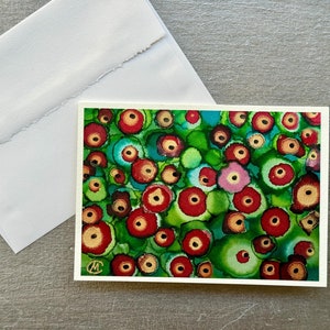 Cartão pintado à mão com papoulas / Arte original única com tinta alcoólica montada em papel cartão Delux de 5" x 7" / Cartão de Natal brilhante / Em branco