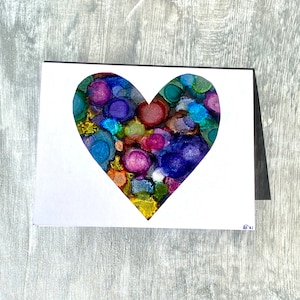 Einzigartige, handgemalte Regenbogen-Herzkarte - 13 x 16,5 - Perlglanz-Alkoholtinte Originalkunst - Einzigartiger Jahrestag, Geburtstag, Liebesbrief usw.