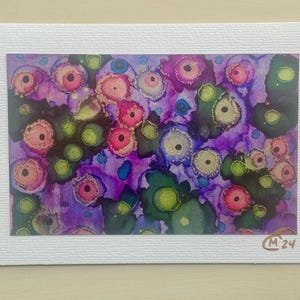 Mauve Garden handgemalte Karte / einzigartiges funkelndes Original-Alkohol-Tintenbild, montiert auf 13 x 18 cm Premiumkarton zum Rahmen geeignet