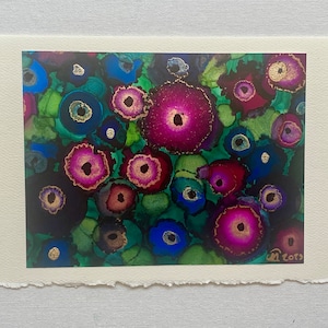 Cartão pintado à mão com flores em tons de joias ricas / Pintura única com tinta alcoólica montada em papel cartão Delux de 6" x 7" adequado para emolduramento