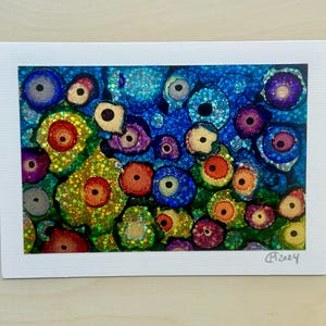 Cartão pintado à mão Technicolor Garden / Pintura original com tinta a álcool brilhante única montada em papel cartão de 5" x 7" adequado para moldura