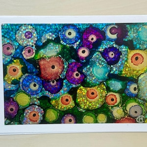 Cartão pintado à mão com jardim vibrante / Pintura única com tinta a álcool brilhante montada em papel cartão de qualidade de 5" x 7" adequado para moldura