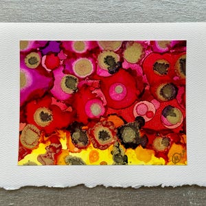 Cartão pintado à mão / Arte original com flores vermelhas montada em papel cartão de luxo de 5" x 7" / Arte floral abstrata e quente / Cartão exclusivo para ele/ela
