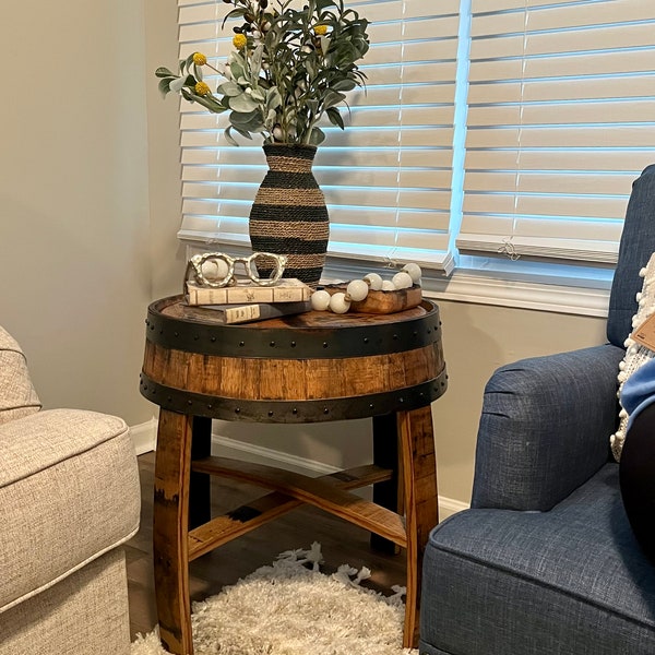 Indoor Side Table, Perfect for Family Room, Den, Office, Bedroom, Reclaimed Whiskey Bourbon Barrel FREE US SHIPPING