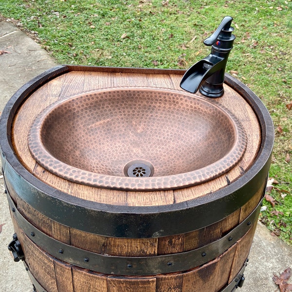 Barrel Sink, 3/4 Design, Reclaimed Whiskey Bourbon Barrel with Hammered Copper Sink and Waterfall Faucet FREE US SHIPPING