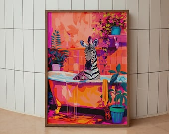 Zebra in der Badewanne, Maximalist Badezimmer Wandkunst, Zebra Poster, Dopamin Dekor, trendiges Dekor, digitaler Download Kunst, Vintage Galeriekunst