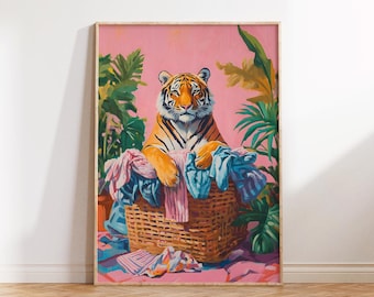 Tiger Wäscherei Print, Waschküche Druck, Waschküche Dekor, Waschsalon, Badezimmer Wandkunst, Tiger Poster, Dopamin Dekor, digitaler Download