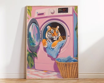 Tiger Wäscherei Print, Waschküche Druck, Waschküche Dekor, Waschsalon, Badezimmer Wandkunst, Tiger Poster, Dopamin Dekor, digitaler Download