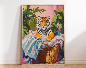 Tiger Wäscherei Print, Waschküche Druck, Waschküche Dekor, Waschsalon, Badezimmer Wandkunst, Tiger Poster, Dopamin Dekor, digitaler Download