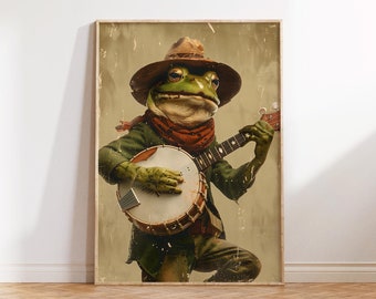 Banjo Frog Wall Art, Vintage Frog Art, Frog Wall Art, Funny Wall Art, Frog Print Wall Decor, Dopamine Decor, Preppy Art, Digital Download
