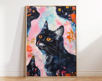 Poster con gatto rosa, decorazioni con dopamina, decorazioni con gatti, decorazioni massimaliste, decorazioni murali alla moda, decorazioni con dopamina, download digitale, poster con gatto colorato
