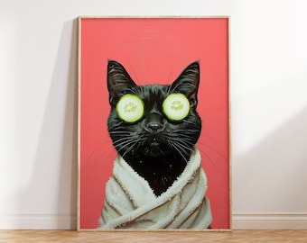 Black Cat Spa, badkamer print, maximalistische badkamer muurkunst, zwarte kat poster, dopamine decor, trendy decor, digitale download, vintage kunst
