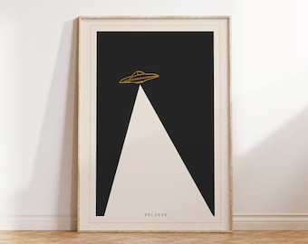Póster minimalista OVNI «Cree» / Impresión retro de ciencia ficción / Arte mural alienígena / Blanco y negro monocromático / Estilo moderno de mediados de siglo / Descarga digital