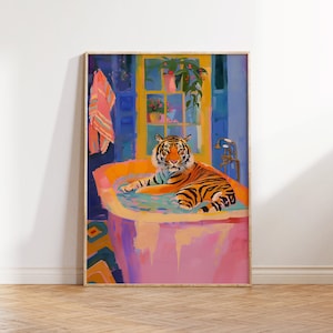 Maximalist Badezimmer Wandkunst, Tiger in einem Badezimmer Druck, Tiger Poster, Dopamin Dekor, trendige Dekoration, digitaler Download, Preppy Wandkunst