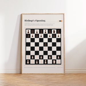 Chessboard Print, Chess Decor, Bishop&#39;s Opening, Chess Art Print, Chess Player Gift, Chess Pieces Art, Mid Century, Digital Download Art