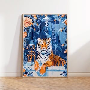 Tiger In a Bathroom Print, Maximalist Bathroom Wall Art, Tiger Poster, Dopamine Decor, Trendy Decor, Digital Download, Vintage Gallery Art
