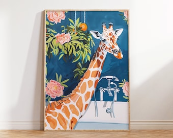 Giraffeposter, maximalistische badkamerkunst aan de muur, dopamine-decor, kitsch esthetiek, Giraffe in een bad-print, trendy decor, digitale download