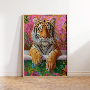 Tiger In a Bath Print, Maximalist Bathroom Wall Art, Tiger Poster, Dopamine Decor, Trendy Decor, Digital Download Art, Vintage Gallery Art