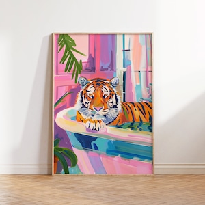 Bathroom Wall Art, Maximalist Dopamine Decor, Pink Kitsch Aesthetic, Trendy Decor, Tiger In a Bath Print, Tiger Poster, Digital Download