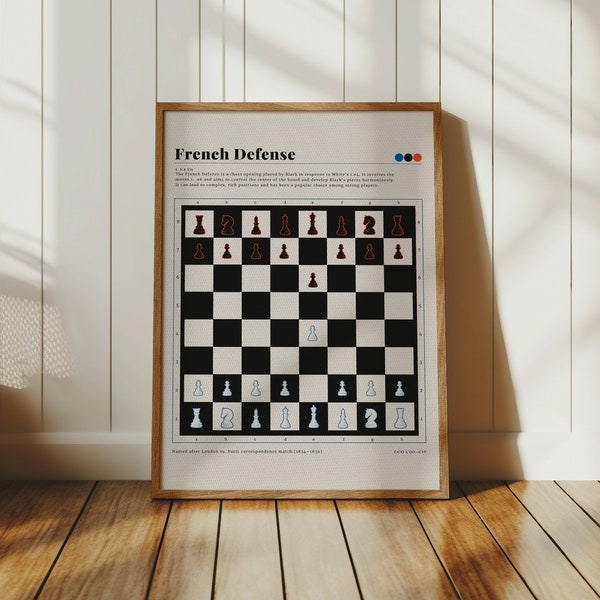 Stampa artistica di scacchi della difesa francese moderna di metà secolo, arte della parete di download digitale di scacchi, arte della galleria vintage, arte della parete di metà secolo, regalo di scacchi