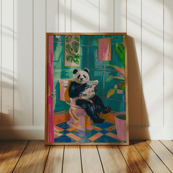 Panda In a Bathroom Print, Maximalist Bathroom Wall Art, Panda Poster, Dopamine Decor, Trendy Decor, Digital Download, Vintage Gallery Art
