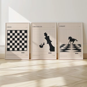 Mid Century Modern Chess Print Set of 3, Minimalistic Printable Wall Art, Chessboard Pint, Chess pieces Wall Art, Digital Download Wall Art