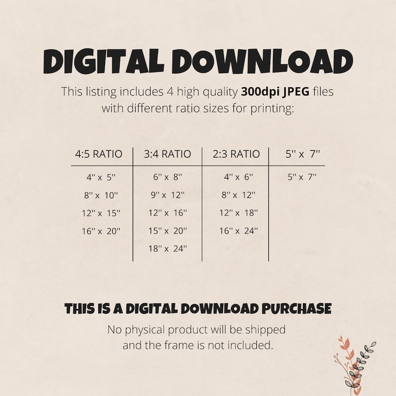 Peut inclure: Graphique de t&eacute;l&eacute;chargement num&eacute;rique avec du texte qui lit "T&Eacute;L&Eacute;CHARGEMENT NUM&Eacute;RIQUE" et "CELA EST UN ACHAT DE T&Eacute;L&Eacute;CHARGEMENT NUM&Eacute;RIQUE". Le graphique liste diff&eacute;rents rapports d'aspect pour l'impression d'images, y compris 4:5, 3:4, 2:3 et 5" x 7".