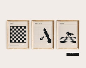 Mid Century Modern Chess Print Set of 3, Minimalistic Printable Wall Art, Trendy Modern Wall Posters, Digital Download